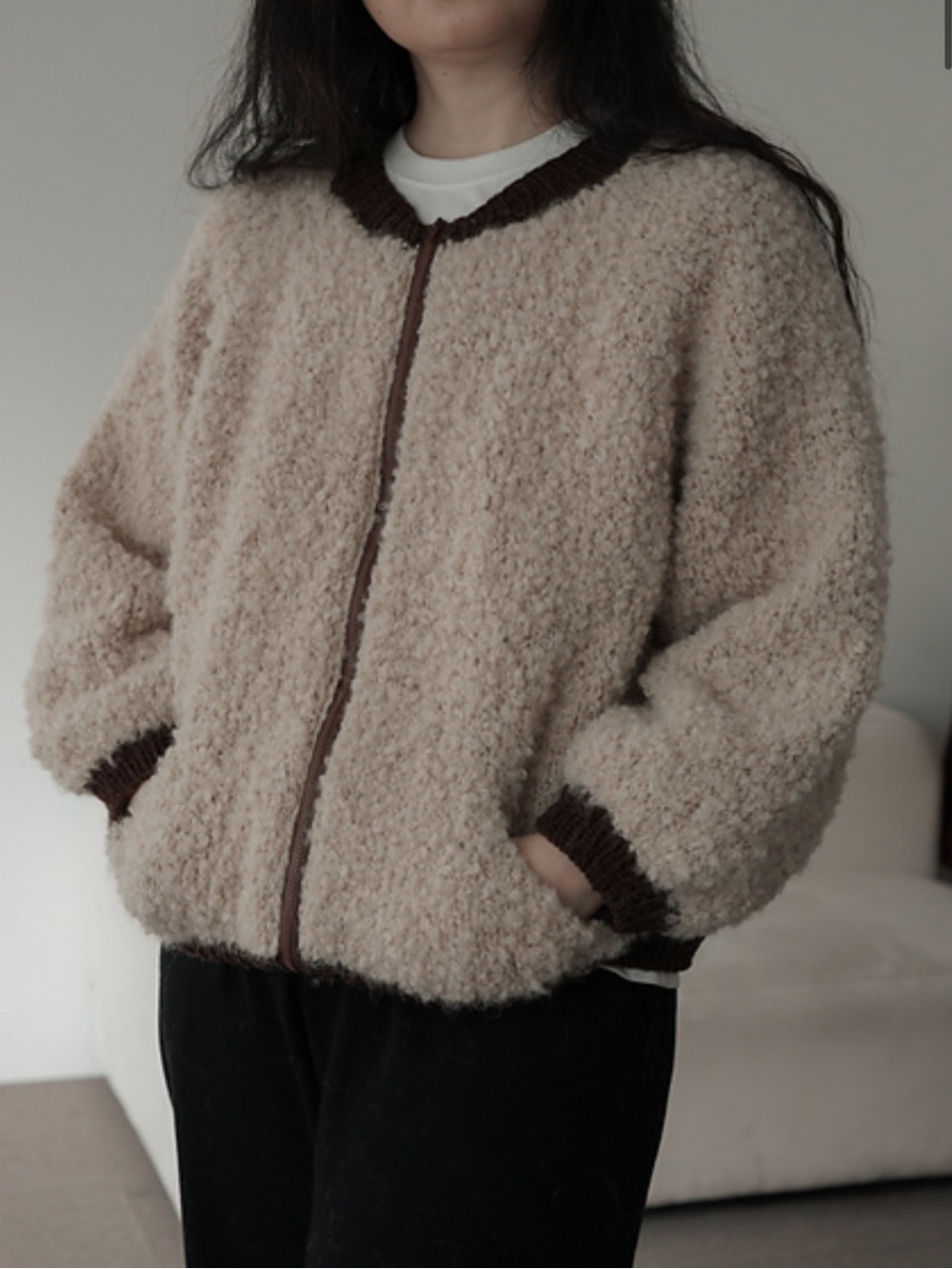 SHEIN | Beige Teddy Zip Jacket with dark green trim